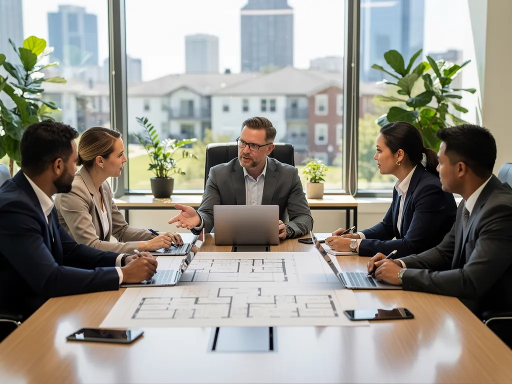Equipo profesional de gestión de propiedades discutiendo estrategias de alquiler