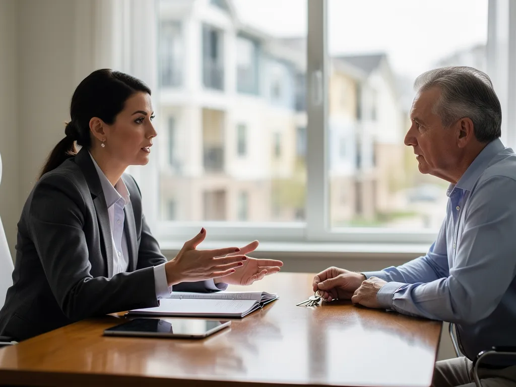 Gestor profesional de propiedades discutiendo con un propietario