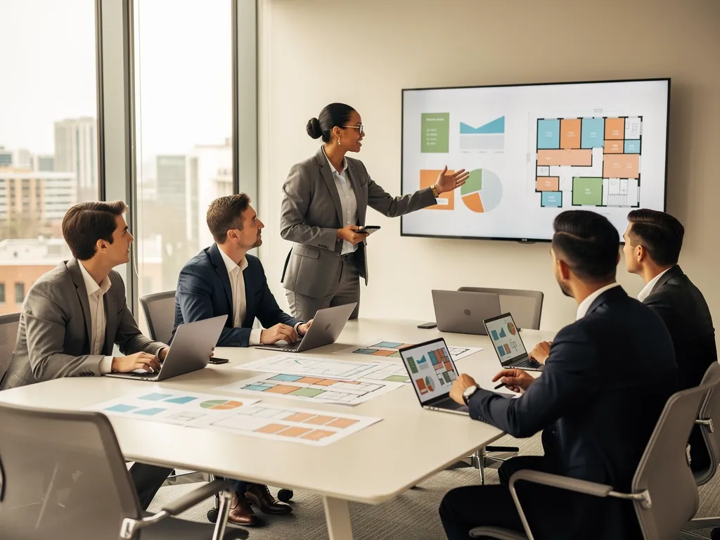 Equipo profesional de gestión de propiedades discutiendo estrategias