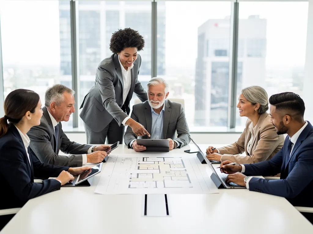 Equipo de gestión de propiedades discutiendo estrategias