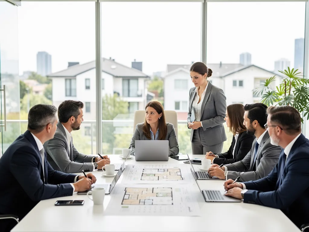 Equipo profesional de gestión de propiedades en reunión