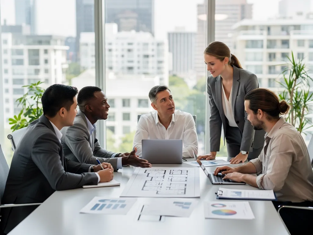 Equipo profesional de gestión de propiedades discutiendo estrategias