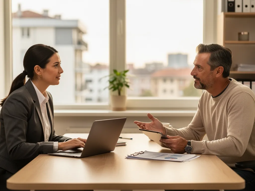 Administrador de propiedades profesional discutiendo con un propietario