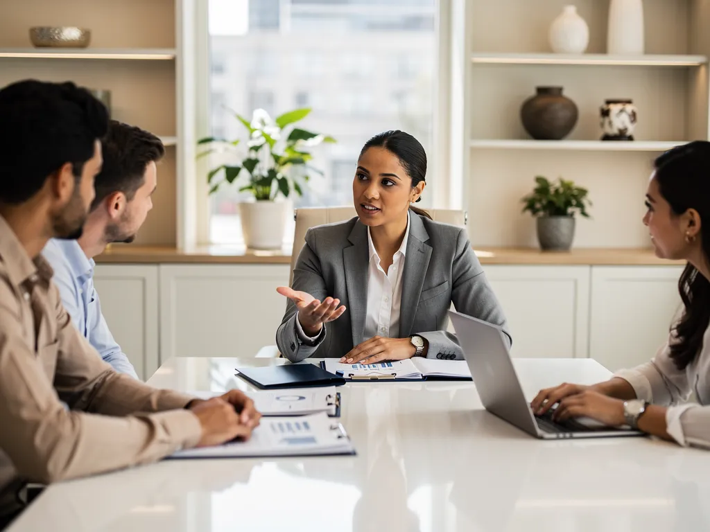 Gestor profesional de propiedades reunido con clientes
