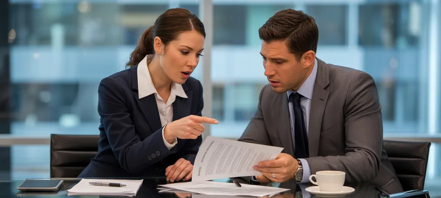 A photograph depicts two business professionals intensely reviewing a lease agreement in a modern office setting. The woman, dressed in a tailored navy suit, gestures emphatically with her hand while pointing at a specific clause on the document, while the man in a gray suit looks on with a concerned expression. Scattered around them on the sleek glass table are pens, legal pads, and a half-empty coffee cup. Soft, diffused light streams through the large windows, casting subtle shadows and highlighting the seriousness of the negotiation.