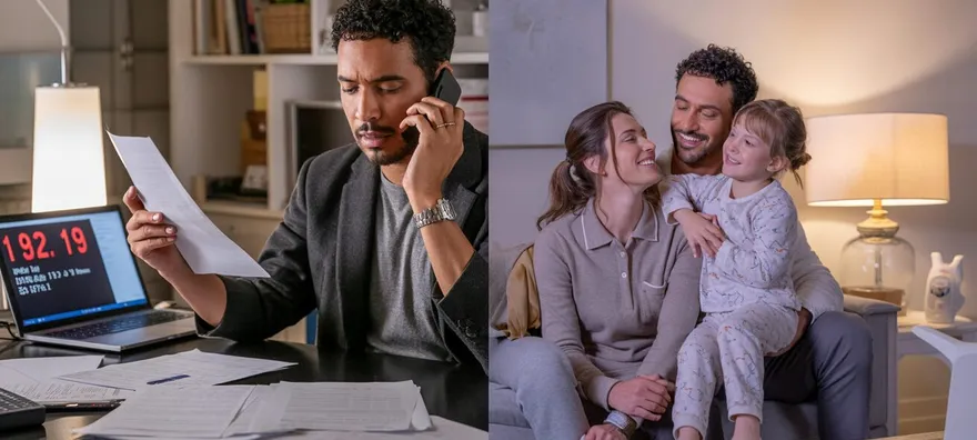 Comparación visual: Propietario estresado gestionando alquileres versus familia feliz disfrutando de tiempo de calidad, mostrando el antes y después de usar Youhomey.