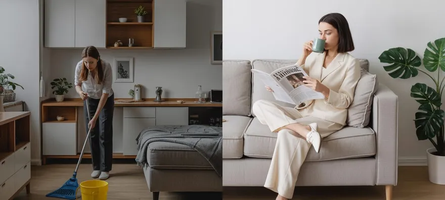 Una imagen dividida que muestra a una mujer limpiando un suelo con una fregona a la izquierda, y a la derecha, la misma mujer relajada en un sofá, bebiendo café y leyendo un periódico en un ambiente limpio y moderno.