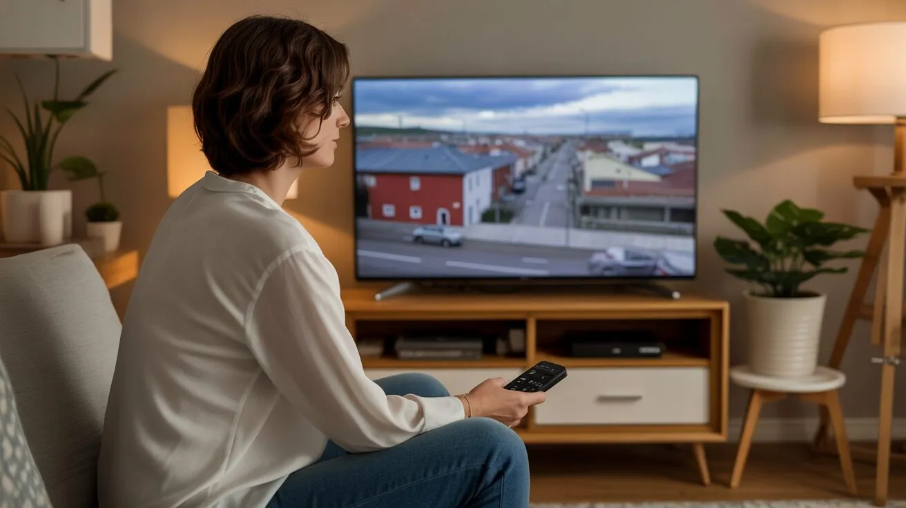 Mujer sentada en el sofá de un salón moderno y bien amueblado, sosteniendo un mando a distancia mientras ve la televisión.