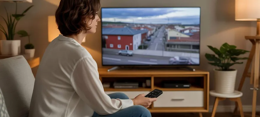 Mujer sentada en el sofá de un salón moderno y bien amueblado, sosteniendo un mando a distancia mientras ve la televisión.