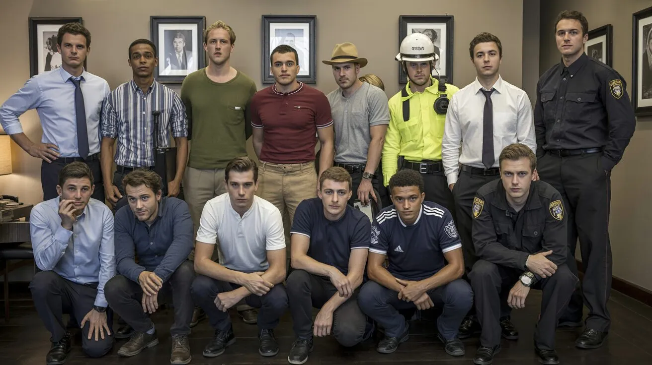 Un montaje fotográfico que muestra a varios hombres con distintos atuendos profesionales, simbolizando los diferentes perfiles del inquilino alquiler temporal Madrid.