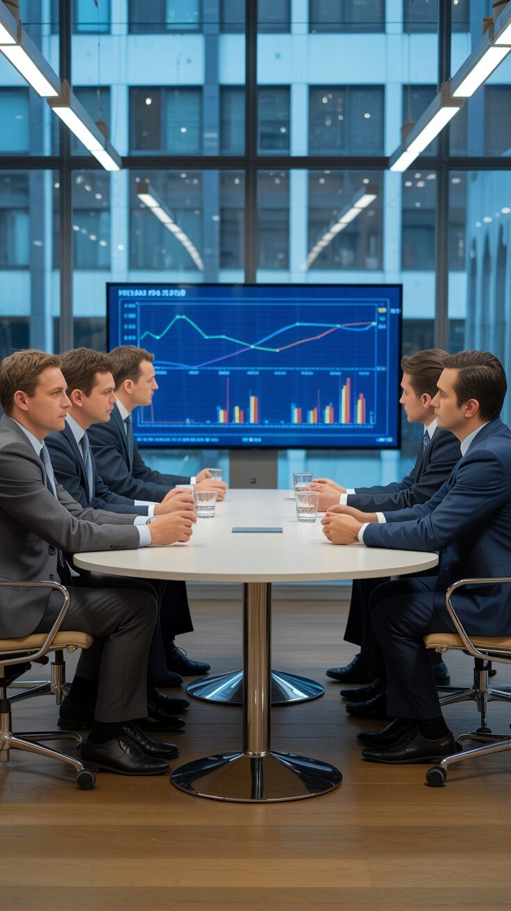 Grupo de profesionales de finanzas discutiendo gráficos de rentabilidad hipoteca alquiler en una pantalla grande, reflejando el análisis de datos de inversión inmobiliaria.