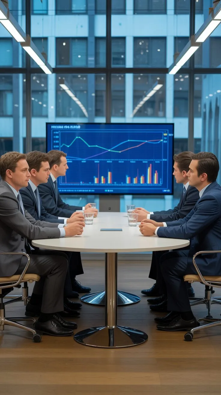 Grupo de profesionales de finanzas discutiendo gráficos de rentabilidad hipoteca alquiler en una pantalla grande, reflejando el análisis de datos de inversión inmobiliaria.