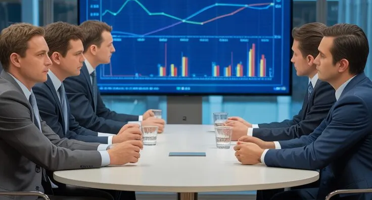 Grupo de profesionales de finanzas discutiendo gráficos de rentabilidad hipoteca alquiler en una pantalla grande, reflejando el análisis de datos de inversión inmobiliaria.