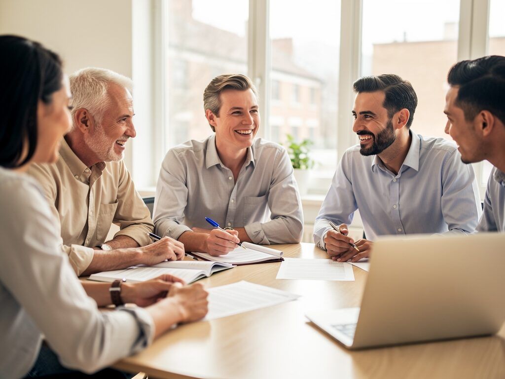 happy landlords discussing contracts