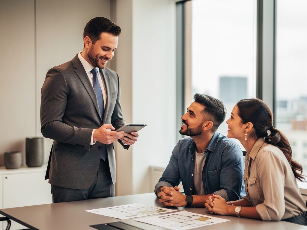 professional property manager discussing with clients