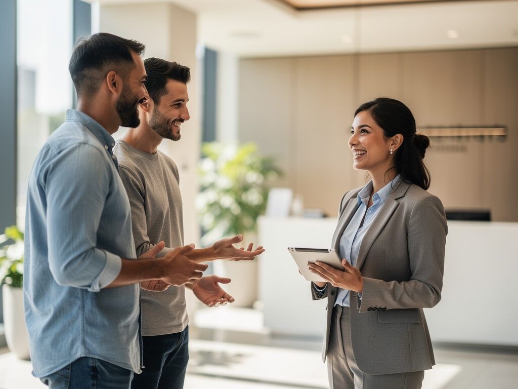smiling property manager meeting with tenants