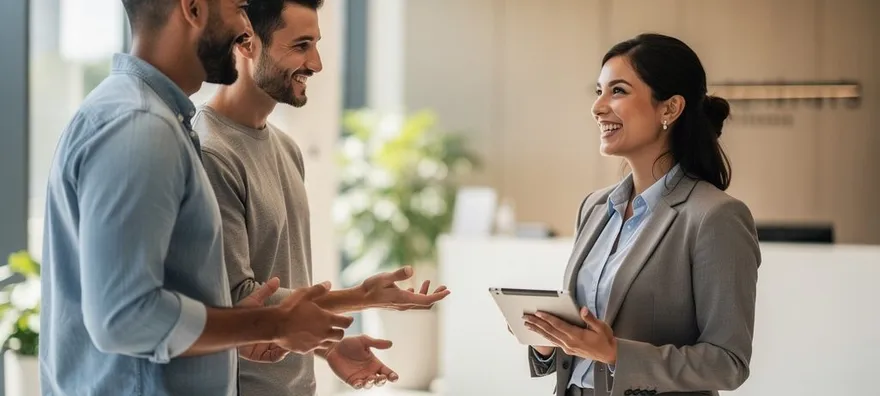 smiling property manager meeting with tenants