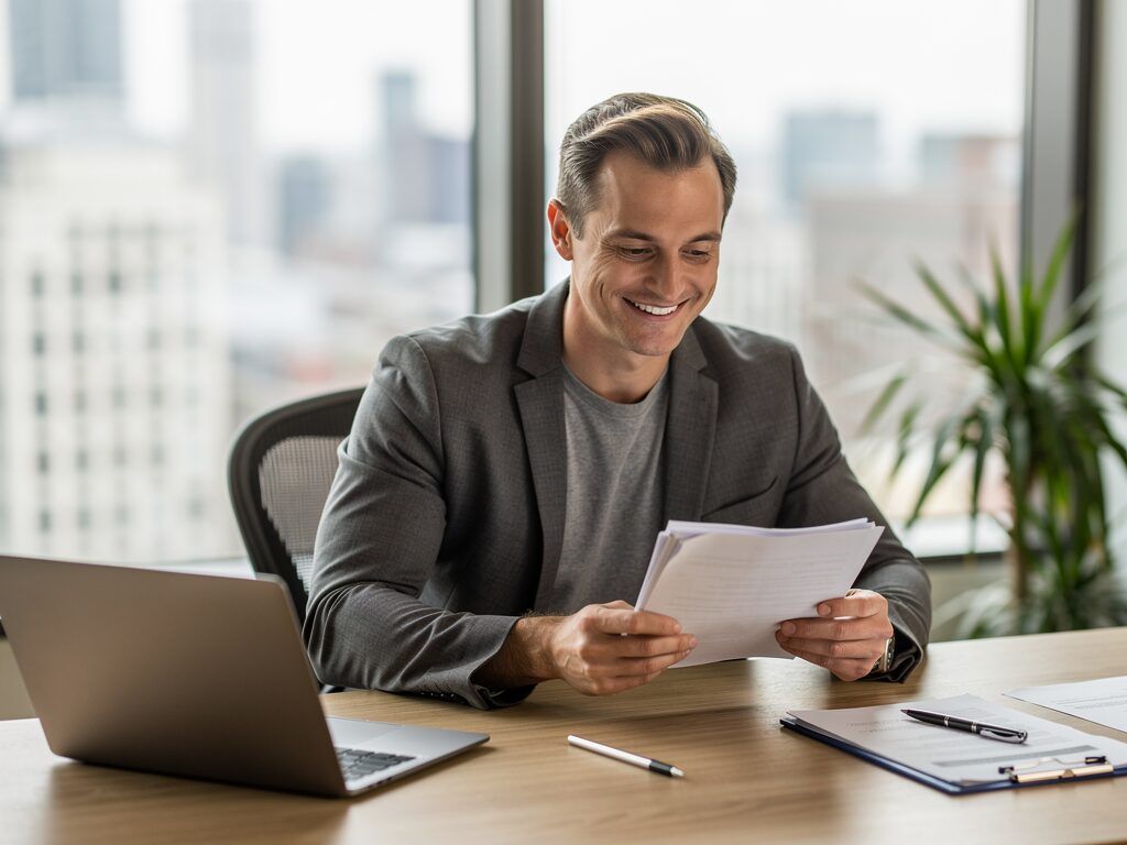 happy landlord reviewing documents