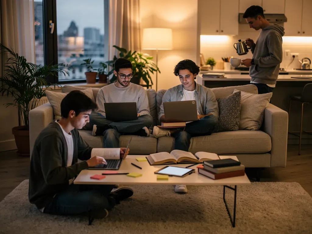 Estudiantes universitarios estudiando juntos en un apartamento