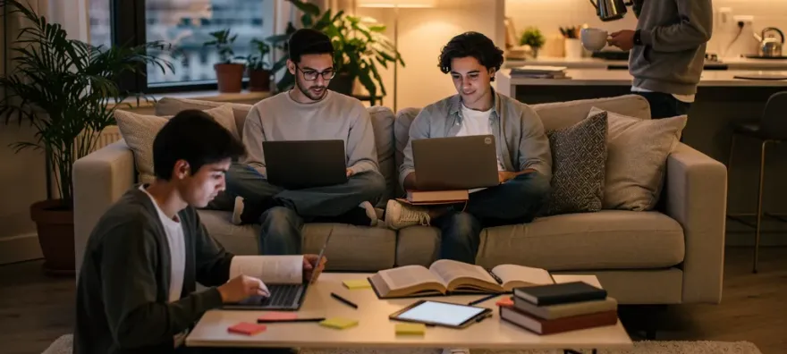 Estudiantes universitarios estudiando juntos en un apartamento