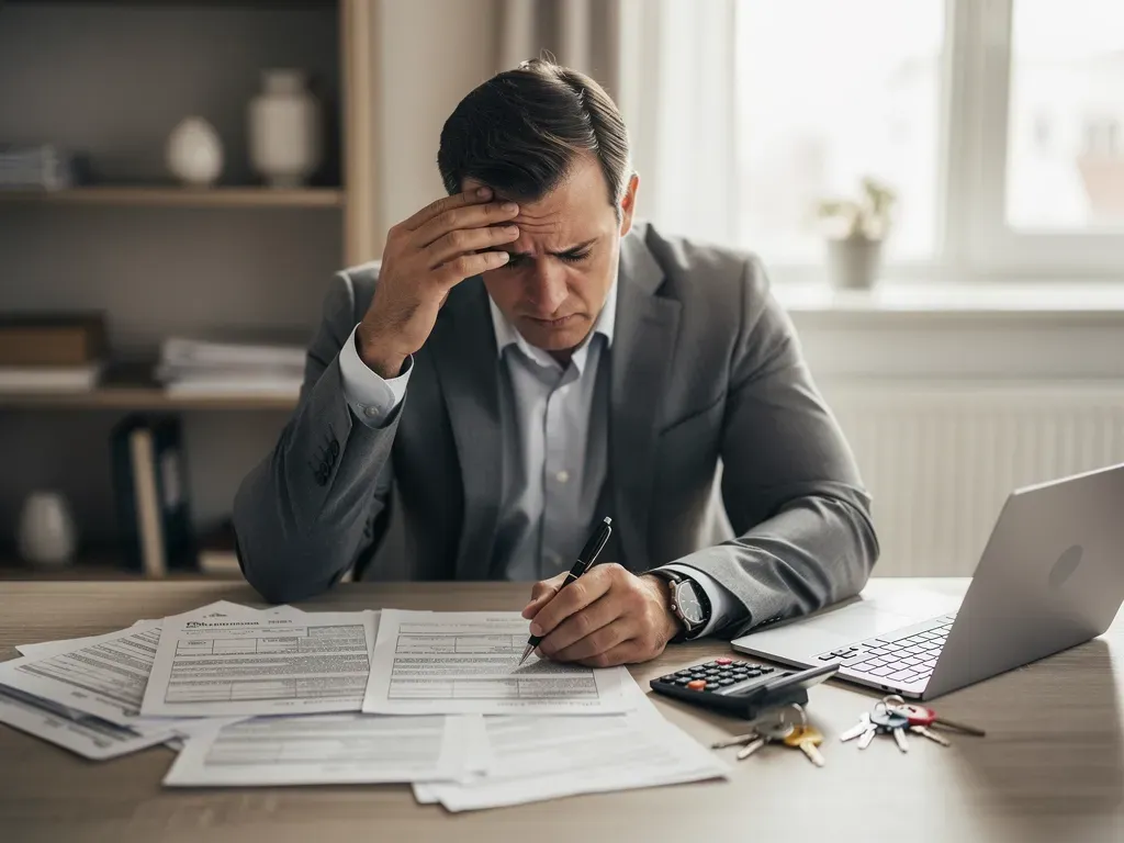 Propietario estresado revisando contratos de alquiler