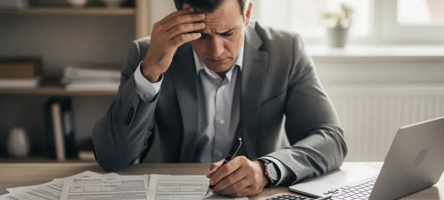 Propietario estresado revisando contratos de alquiler