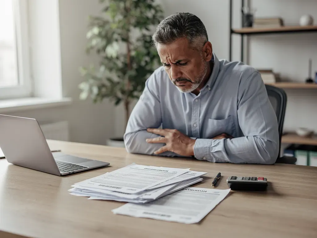 Propietario preocupado revisando contratos de alquiler