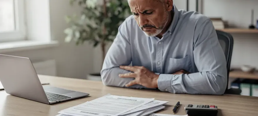 Propietario preocupado revisando contratos de alquiler
