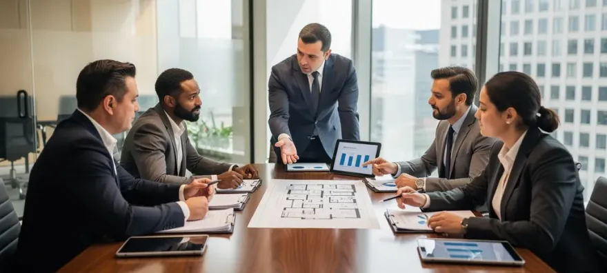 Oficina de gestión de propiedades con profesionales discutiendo estrategias de gestión de alquiler