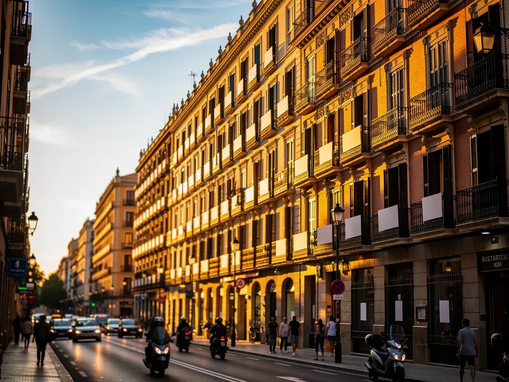 Calle concurrida de Madrid con carteles de alquiler