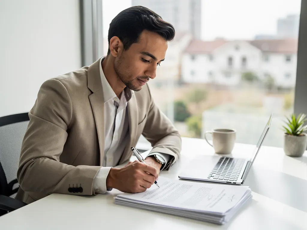 Propietario revisando contratos de alquiler